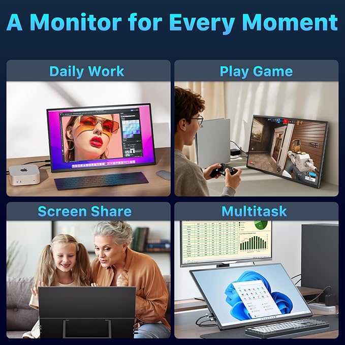 Portable Monitor 21.5" FHD 110% sRGB 120Hz IPS HDR HDMI USB-C Travel Monitor for Laptop MacBook PC Surface PS5 Xbox, Large External Display with Kickstand & Speakers, VESA Compatible