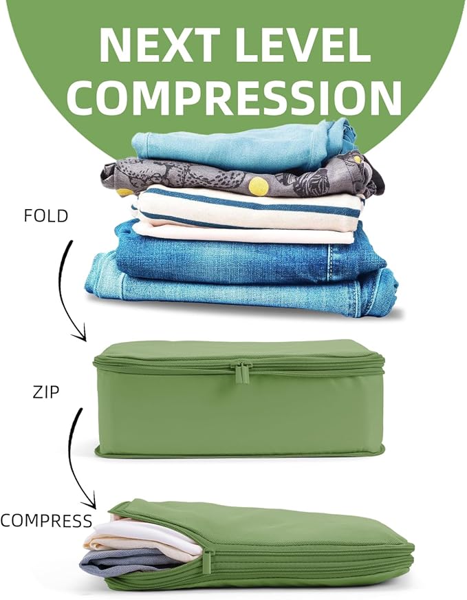 6 Set Compression Packing Cubes for Travel, Large Medium Small Luggage Organizers (Forest Green)