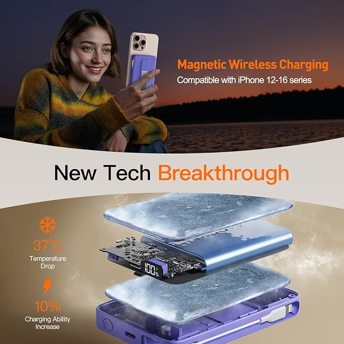 2025 Magnetic Battery Pack 16800mAh Mobile Power Bank, Portable Charger with Foldable Stand and Built-in Cable, 20W USB-C Fast Charging, Suitable for iPhone 17/16/15/14/13/12 Series
