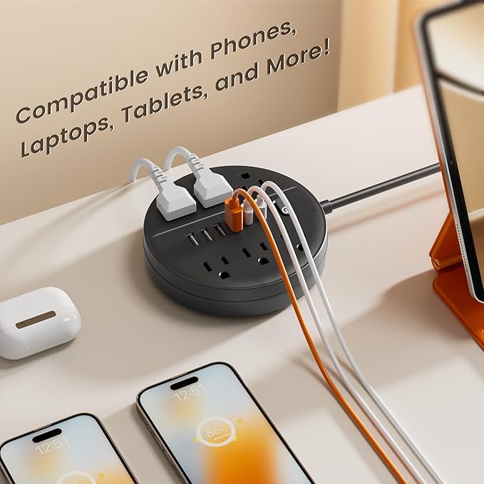 5 FT Surge Protector Power Strip, Extension Cord with Multiple Outlet, 6 AC Outlets, 4 USB & 2 USB C Ports & Control Switch, Portable Outlet Extender, Flat Plug, Wall Mount for Office Home Dorm,Black