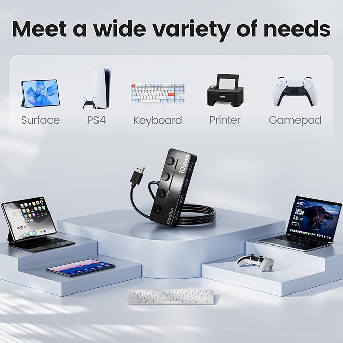 Qeefun 4-Port USB 3.2 Hub, Individual LED Power Switches, 10Gbps Data Transfer USB 3.2 Gen 2 Splitter with 4ft Extension Cable, Multiple USB Extender for Laptop, PC, iMac, USB Flash Drives and More