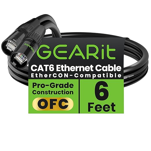 GEARit Shielded CAT6 Ethercon Cable (6 Feet) Professional Audio & Lighting RJ45 EtherCON-Compatible Cable for Studio, Stage, Concerts - 6ft Black