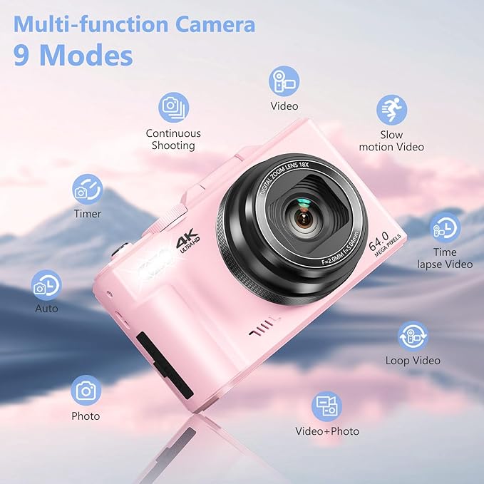 4K Digital Camera for Photography, 64MP Vlogging Camera for YouTube with 3" 180° Flip Screen, 18X Digital Zoom Point and Shoot Camara with 32GB Micro SD Card for Beginner (Light Pink)
