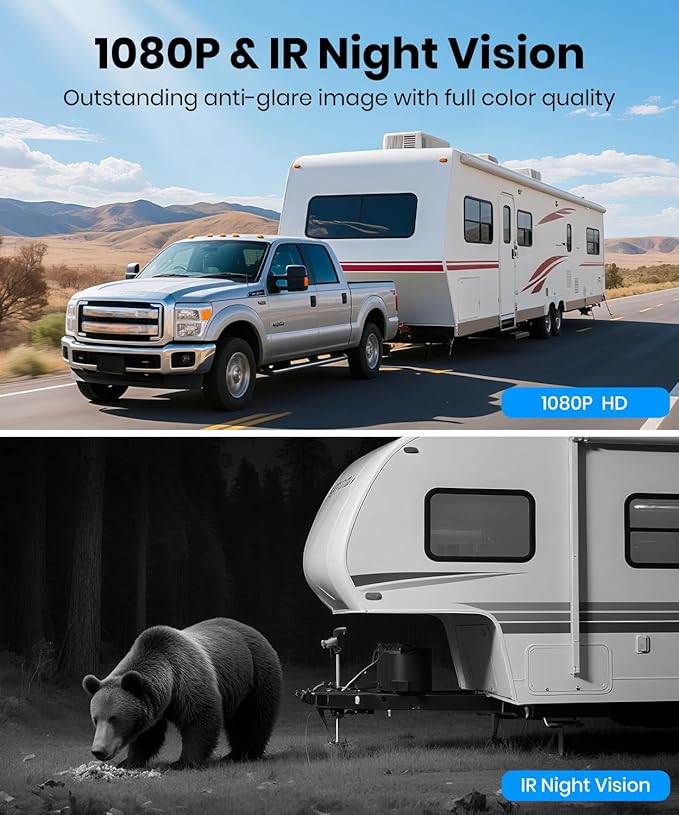 AUTO-VOX 2 Solar Wireless Backup Camera System with Two Cameras (License Plate & Portable): 7.2” 1080P HD Dual Channel Monitor, IP69K Waterproof Back up Camera for Truck,RV,Camper,Horse/Boat Trailer