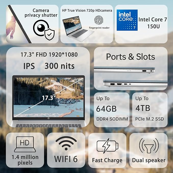 HP 2025 Essential Laptop, 17.3" FHD, Intel Core 7 150U (Beats I7 1335U), 16GB RAM, 2TB SSD, Fingerprint Reader, Backlit Keyboard, Wi-Fi 6, Win 11 Home, Blue, Bundle with ADATA 512 External SSD