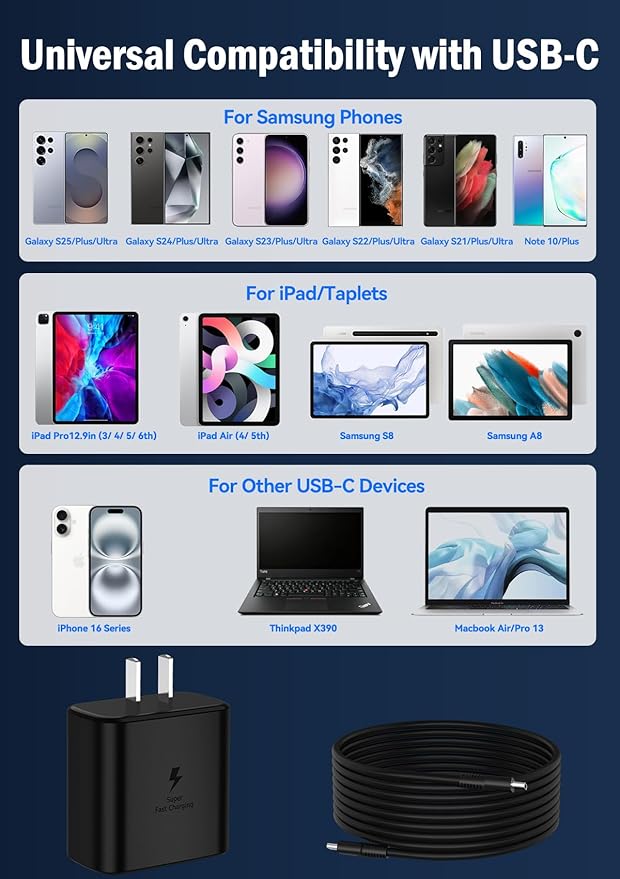 45W Super Fast Charger for Samsung, 6.5FT/2M USB C Charger Fast Charging for Samsung S25/S24/Plus/Ultra, PD 3.0 GaN Type C Charging Block Compatible with iPhone 17/16/15 and More