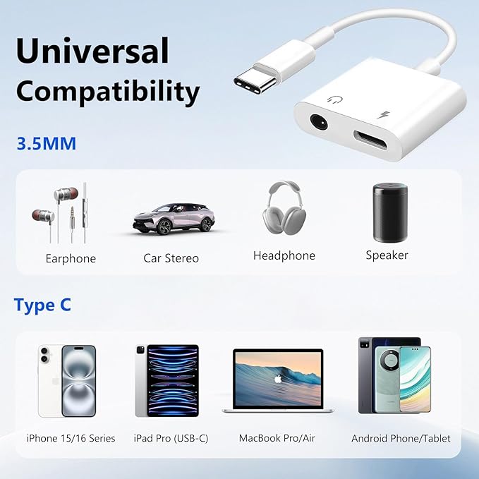 Seulliya USB C to 3.5mm Headphone Jack and Charger Adapter, 2-in-1 Audio & Fast Charging Splitter for Apple iPhone 17/16/15/Pro/Pro Max, iPad, Samsung, Pixel, and More 5Pack