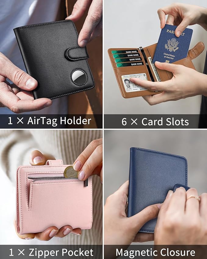 Passport Holder for Travel with AirTag Holder- Leather RFID Blocking Travel accessories with 5 Cards Slot&1ID Window,Magnetic Closure,Gift Box(Air Tag Not Included)