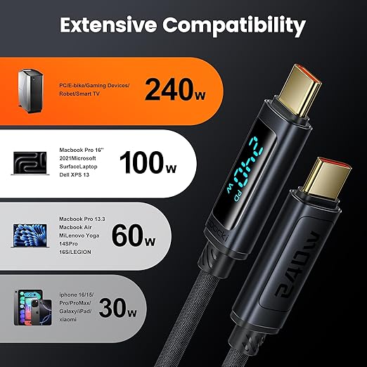 USB C Cable [2Pack,3.3ft] 240W Fast Charging Cord with LED Display Compatible with iPhone 17 16 15 Pro Plus Pro Max Air, iPad Pro, Samsung Galaxy S24 S23, Switch, MacBook Air, Pixel