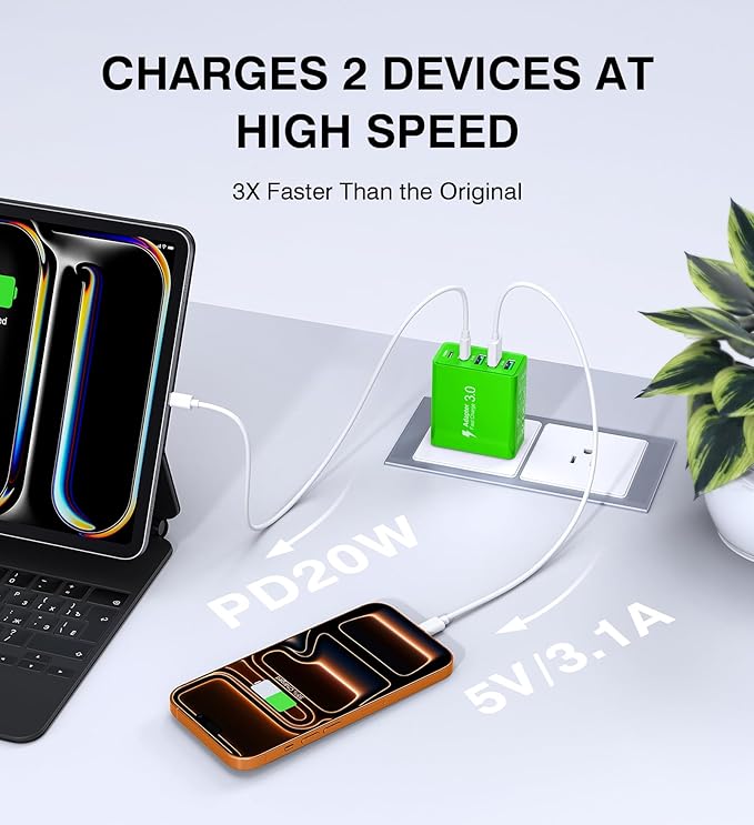 USB C Wall Charger, 50W USB C Charger Block 5-Port PD Fast Charging Blocks,USB A Multiport Plug Brick Cube,Dual Type C Power Adapter for iPhone 17/16/15/14/13/Pro,iPad,Samsung,for Switch（Green 2-Pack）