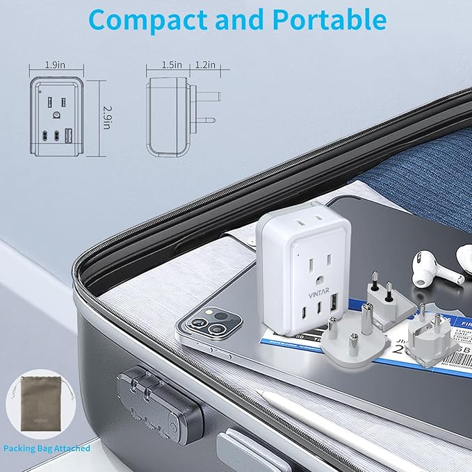 South Africa Power Adapter Kit, VINTAR International Plug Adapter with 3 USB Ports (2 USB C, 3.4A) 2 American Outlets, Type M,G,E/F Detachable Attachments, Adapter for US to Africa Botswana Morocco