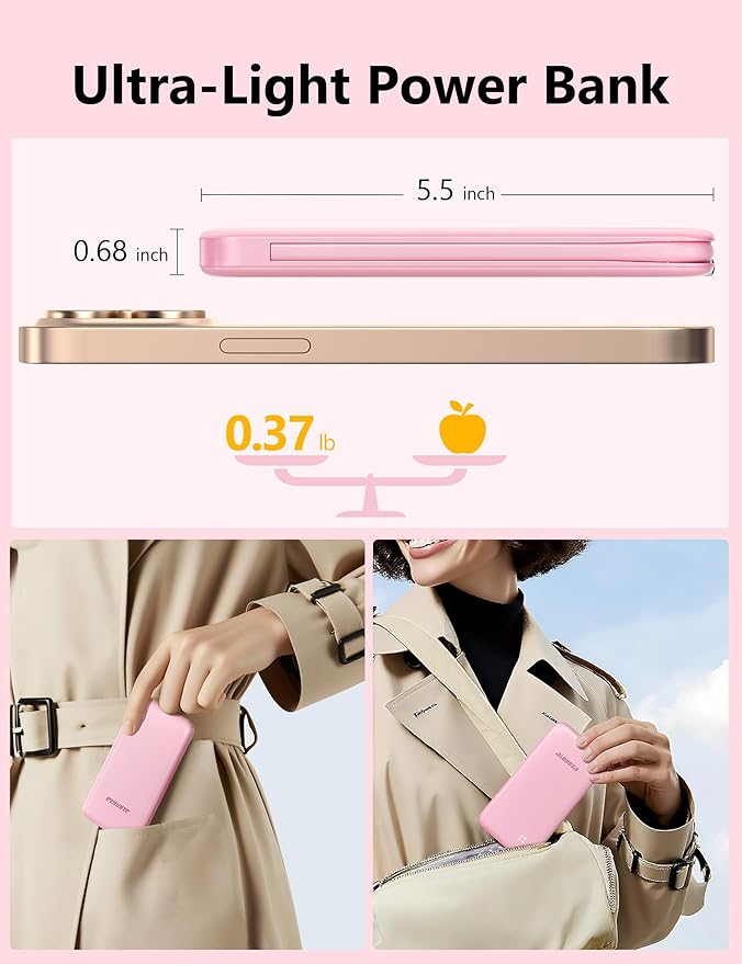 Alongza Portable Charger Built-in Cables and AC Wall Plug, Slim Fast Charging Power Bank 10000mAh, Lightweight USB C External Battery Pack Compact Travel Cell Phone Charger, 2 Pack Black & Pink