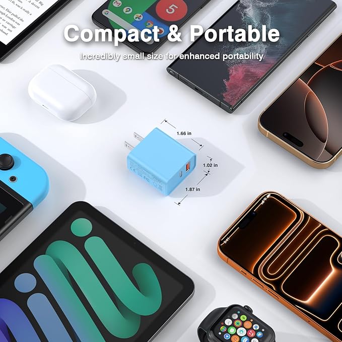 [20W/2Pack] Fast Charger Block, USB C Wall Charger, Charger Cube, Dual Port PD Fast Charging Block Brick Compatible for Watch Series 10 iPhone 16 17 Pro Max Airpod Brick Plug Power Adapter, Blue