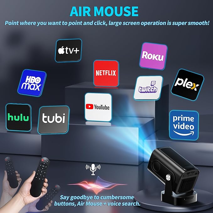 【Built-in Apps】Mini Projector 1080P with WiFi 6 and Bluetooth 5.4, 4K Full HD Projector Features Auto Focus & Keystone, Portable Projector Support 270° Rotatable, Compatible with Phone/HDMI/USB-Black