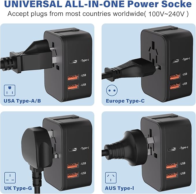 Travel Adapter with 2 USB A+1 USB C,Universal All in One Worldwide Travel Adapter,Power Converters Wall Charger,AC Power Plug Adapter,International Power Adapter for USA EU UK AUS Black