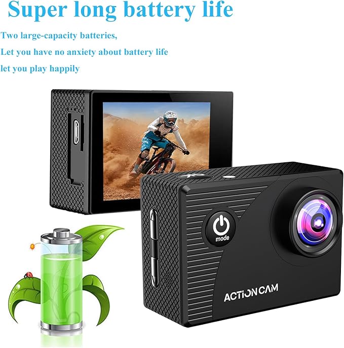 Action Camera 1080P 30fps Sports Camera 40m/131ft Underwater Waterproof with 2 Batteries and Multi-Function Accessory