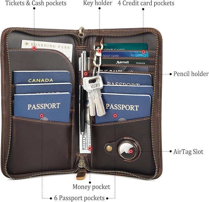 Polare Full Grain Leather Family Travel Passport Wallet and Documents Organizer RFID Blocking Case Holder Fits 6 Passports for Men and Women