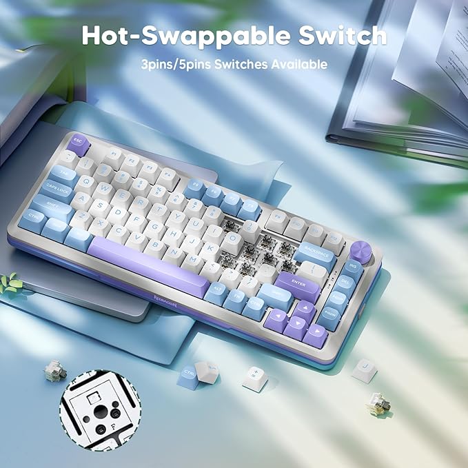 Redragon K681 Wireless Mechanical Keyboard, Gasket Mounted RGB Gaming Keyboard with Volume Knob, MDA-Profile, Pre-Lubed Linear Switches, 81 Keys 75％ Tri-Mode Hot Swappable for PC/Xbox/Ps (Periwinkle)
