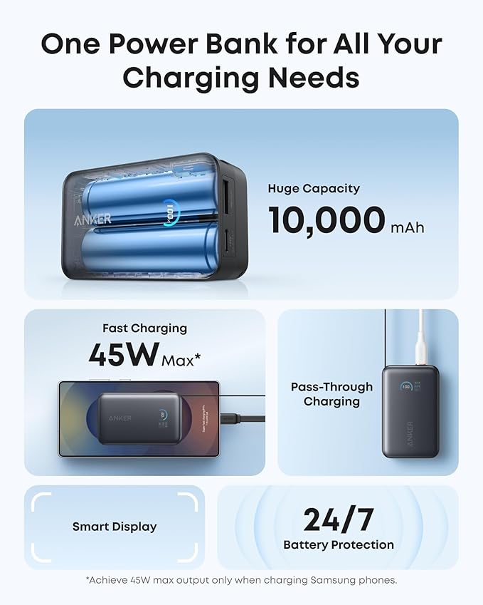 Anker Nano Portable Charger, 10,000mAh 45W Max Compact Power Bank, Travel Essential Phone Battery Pack with 2.3 ft InstaCord Retractable Cable for iPhone 17/16 Series, iPad, Galaxy, Pixel, and More