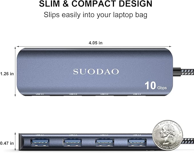 USB 3.1 Hub, SUODAO 10Gbps USB C to USB Hub, 4 Ports USB 3.1/3.2 Gen 2 Hub, SuperSpeed Aluminum Type C to 4 10Gbps USB 3.2 Ports for Laptop, MacBook, Tablet, PC, and More USB C Devices