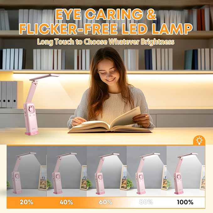 VAVOFO Cute Desk Lamp, Foldable & Portable LED Lamp with 6000mAh Rechargeable Battery, 3 Color Modes, USB-C Cordless Study Lamp for Bedroom, Office, Kids Room (Pink)