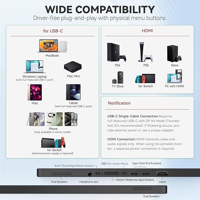 Intehill 14" Portable Monitor, WUXGA 1920x1200 Portable Screen with Full-Covered Tempered Glass, 16:10 USB-C HDMI External Display with Speakers & Stand, Travel Monitor Second Screen for Laptop, F14ZA