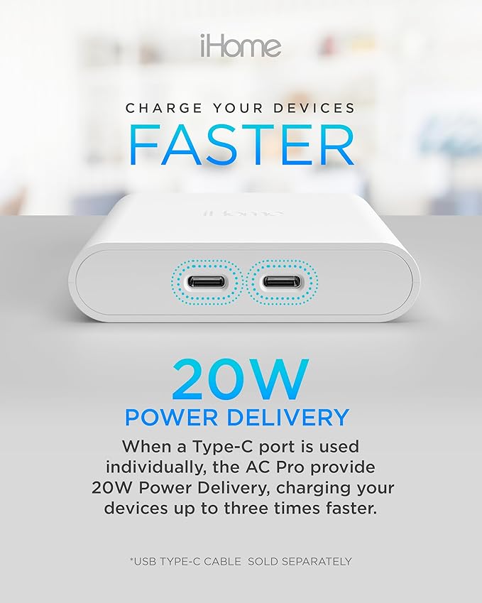 iHome Multiport 40W USB-C Charger, AC Pro 2-Port Flat Block, Dual Fast Charging Wall Adapter