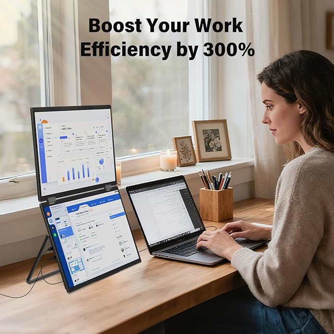 InnoView 15.6" 4K Dual Portable Monitor 3840x2160P 100% sRGB | Owl Eye Vision - Foldable Design with 315° Screen Adjustment, 180° Stand | DP/USB-C/HDMI, Dual Screen Extender for Laptop, Mac, Windows