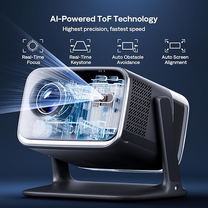 Aurzen BOOM mini Google TV 4K Supported Smart Projector with WiFi and Bluetooth, Outdoor & Home Movie Projector with 20W Speakers DoIby Audio, Real-Time Focus & Keystone, 500 ANSI Lumens, Black