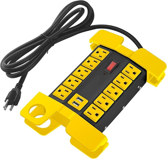 CCCEI Heavy Duty Power Strip with USB Ports, Garage 10 Outlets Surge Protector 2700 Joules, Industrial Workshop Metal 15Amp Multiple Outlets, 15 FT Extension Cord and Wide Spaced Black