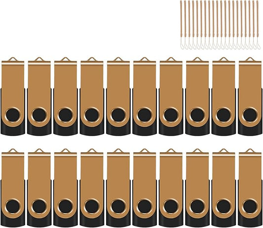 EASTBULL 2GB USB Flash Drive Bulk Thumb Drives 20 Pack with Lanyards USB 2.0 Memory Sticks Zip Drive Pen Drive for Storage and Backup Gold 20PCS 2GB