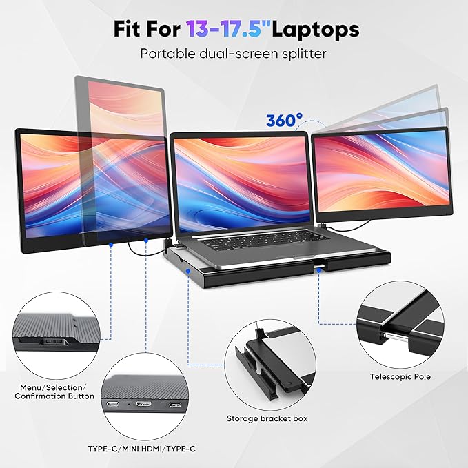 Laptop Screen Extender Portable Monitor, 14.2" 1080P FHD IPS Screen, Monitor Extender for Laptop, Fit for 13-17" Laptops, Plug & Play Compatiable with Wins/Mac/Android/Switch (Detachable 14")