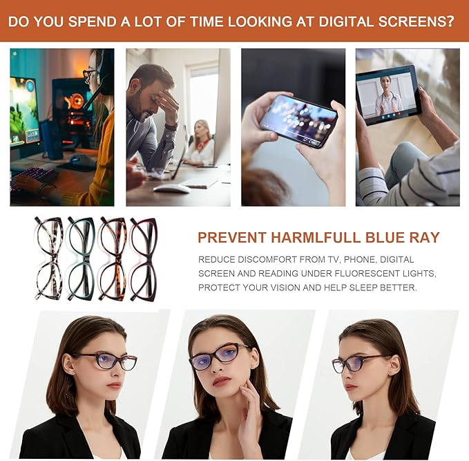 EYEURL 4 Pack Cat Eye Reading Glasses for Women Blue Light Blocking Readers Lightweight Spring Hinge Anti Eyestrain UV Fashion Eyeglasses +1.25