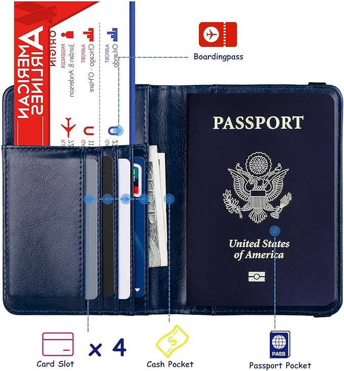 TOURSUIT RFID Blocking Passport Holder for Women Men, Leather Passport Travel Wallet with Metal 3D Metal Badge, Travel Document Holder Cover Accessories (Dark Blue)
