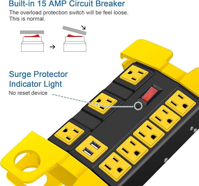 CCCEI Heavy Duty Power Strip with USB, Workshop 8 Outlet Surge Protector 2700 Joules, Industrial Metal 15Amp Power Strip, 20 FT Extension Cord and Wide Spaced Black.