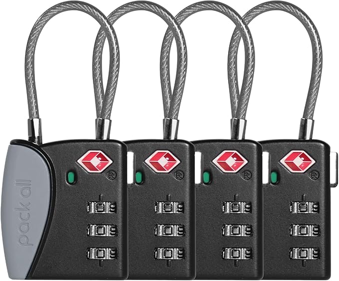 pack all TSA Approved Cable Luggage Locks, 3 Digit Combination Padlocks, Travel Lock for Suitcases & Bag, Alloy Body, Travel Accessories (4 Pack)（Grey）