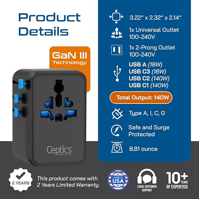 Ceptics 6 in 1 International Power Adapter with PD 140W USB-C, 1x USB-A, 3X Type C, Universal Input and 1x USA/JP Input with Type A, C, G, I Plug outlets for Global Travel – CE & RoHS Certified