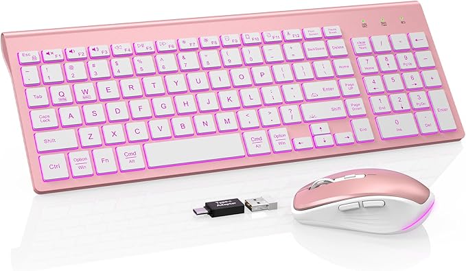 SABLUTE Wireless Keyboard and Mouse Combo Backlit - Compact Quiet Keyboard with RGB Mouse, Rechargeable, Slim, Sleep Mode, Portable Cordless Keyboard Mouse Set for Mac, Windows, Laptop, PC (Rose Gold)