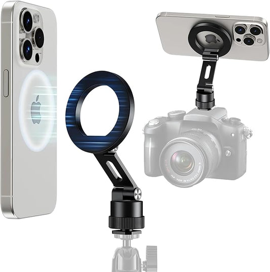 elitehood Magnetic Magsafe Tripod Phone Mount Holder, Foldable Phone Holder for Tripod Attachment with 1/4” Screw & Cold Shoe, All Aluminum iPhone Mount Adapter for Recording Shooting Vlogging