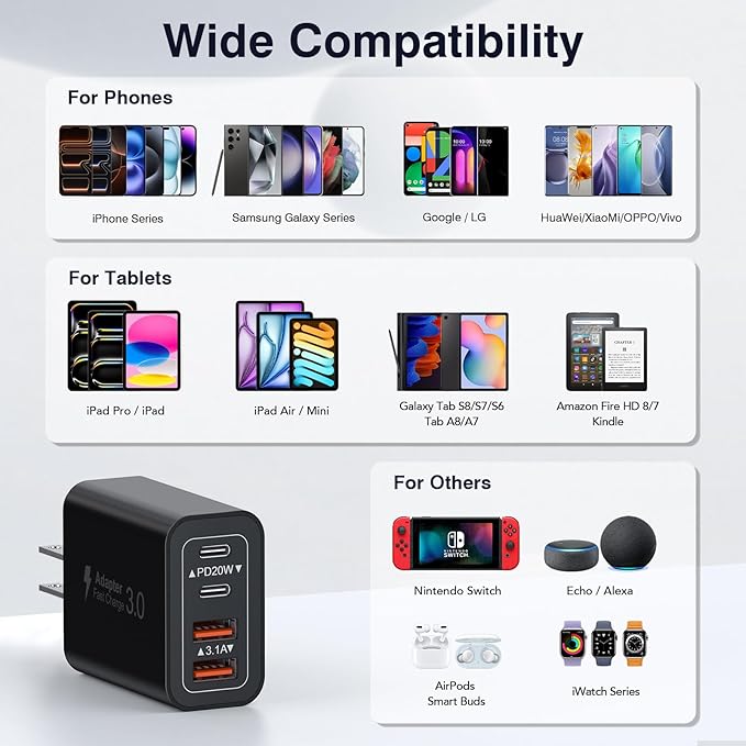 [2 Pack/40W] 4-Port USB C Wall Charger Block, Fast Type C Power Brick Charging Cube Power Delivery Wall Plug for iPhone 17/1615/14/13/12/14 Pro/13 Pro, Huawei, Xiaomi, Oneplus, Galaxy(Black)