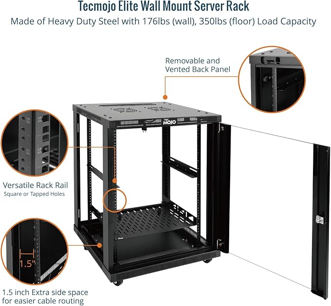 Tecmojo 15U Wall Mount Rack,15U Rack 17.7 Inch Depth,Hold Up to 176 Lbs,Enclosed Wall Mount Rack Kit for 19 Inch Network,Server and AV Gear,Glass Door(Elite Collection)