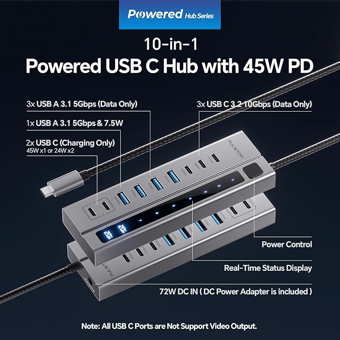 Powered USB C Hub, PULWTOP 9-in-1 USB Hub Support 10Gbps Data&PD 45W Max Charging, USB HUB Adapter for MacBook, iMac, iPad, Phone, and Other Laptops (Not Support Video and Power Adapter Not Included)