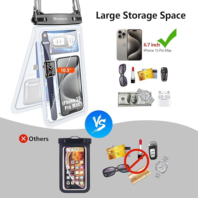 Niveaya [Up to 10.5"]Waterproof Phone Pouch - 2 Pack, Waterproof Phone Lanyard Case with iPhone 16/15/14/13/12 Pro Max up to 9.5", Phone Dry Bags for Vacation Beach Pool Kayak Cruise Travel Essentials