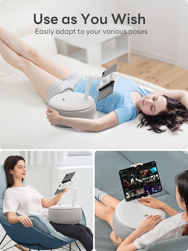 SAIJI Kindle Holder Pillow, Tablet Holder Compatible with 4.7-15.6” Kindle, Phone, Ipad, 360° Adjustable Tablet Stand for Bed with Flexible Dual Axis Arm & Microbead Cushion (Gray)