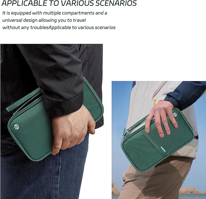 Travel Passport Holder, Large Family Passport Walle for Men Women RFID Passport Cover Lightweight Portable Document Organizer with Wrist Strap (Green)