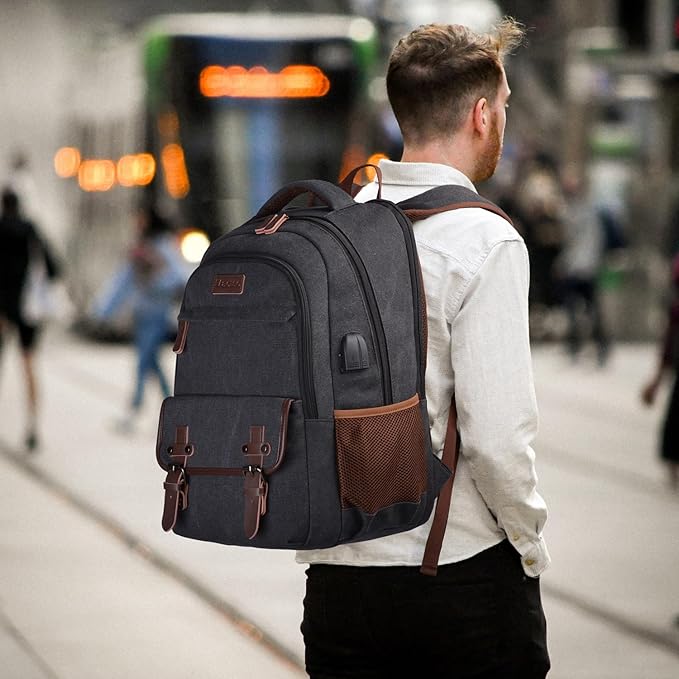 Mactso Canvas Travel Laptop Backpack for Men Women, Business Work Rucksack College School Computer Bag Fits 15.6 Inch Notebook,Bookbag with USB Charging Port (Black, 15.6 Inch)