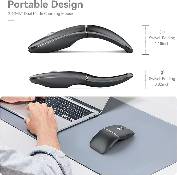Foldable Bluetooth Travel Mouse, Rotatable Wireless, 2.4G Rechargeable With USB Receiver, Compatible for Computer, Laptop, Notebook, PC (Black)