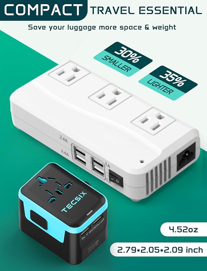 Universal Travel Adapter Worldwide PD 35W, TECSIX International Power Adapter Fast Charging with 2 USB C, 2 USB A Multi Outlets, Gan Travel Plug Adaptor for EU US UK AUS 200+ Countries