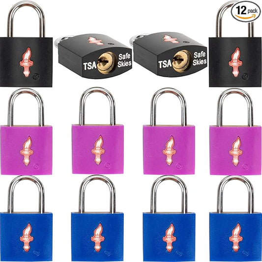 12 Pack TSA Lock for Luggage, TSA Suitcase Lock for Luggage, Suitcases & Gun Cases - Solid Brass Security Lock with Colored Shell (12 Colors: Black/Blue/Orange)