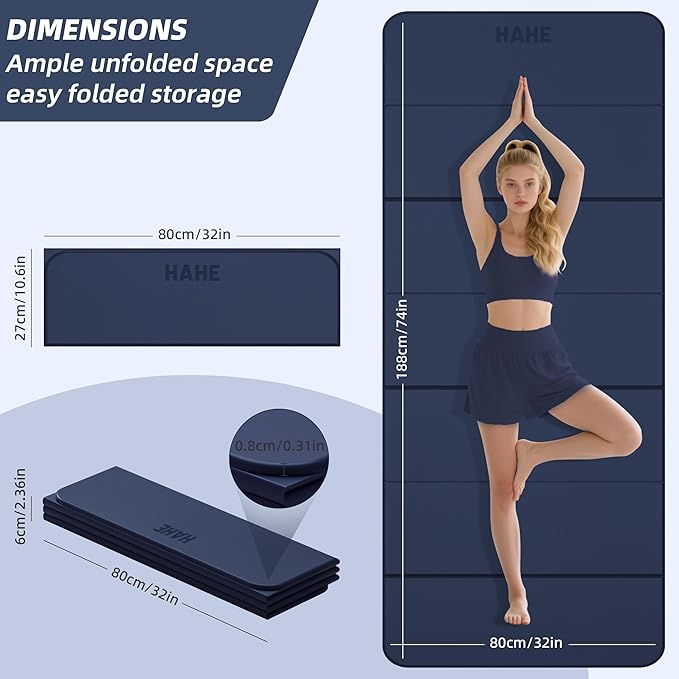 Foldable Yoga Mat, 74"Lx32"Wx1/3"Thick, Folding Exercise Mat, Non-slip Wide Pilates Mats for Home Workout/Travel, Portable Yoga Mat Thick for Yoga/Pilates/Camping/Floor Exercises